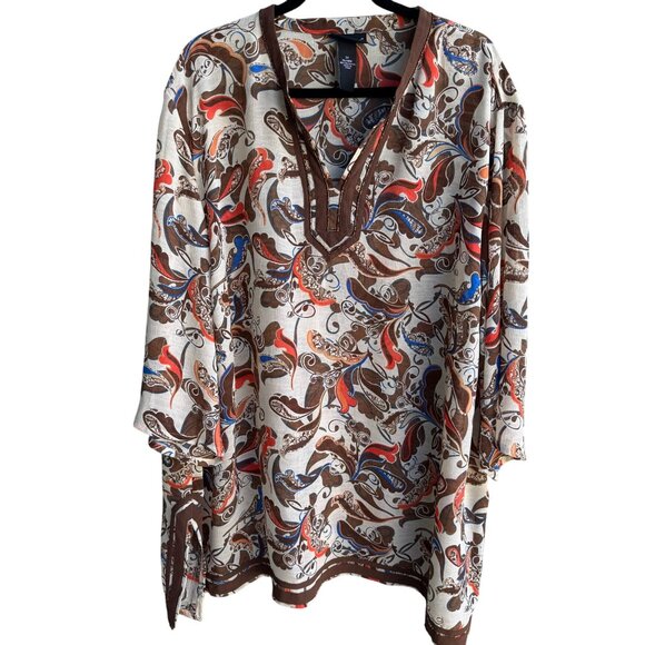 Maggie Barnes Womens Beaded Paisley Boho Flowy Brown Semi Sheer Tunic Blouse 3X - Picture 1 of 10